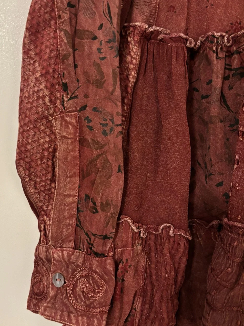 NWT - Burgundy Patchwork Boho Style Blouse - Picture 9 of 13